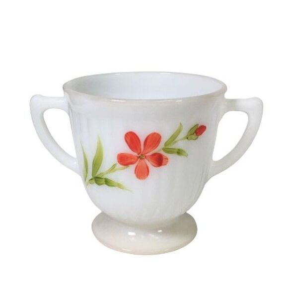 Macbeth Evans Monax Petalware Florette Red Floral Cream & Sugar Bowl Set Footed - Picture 3 of 8